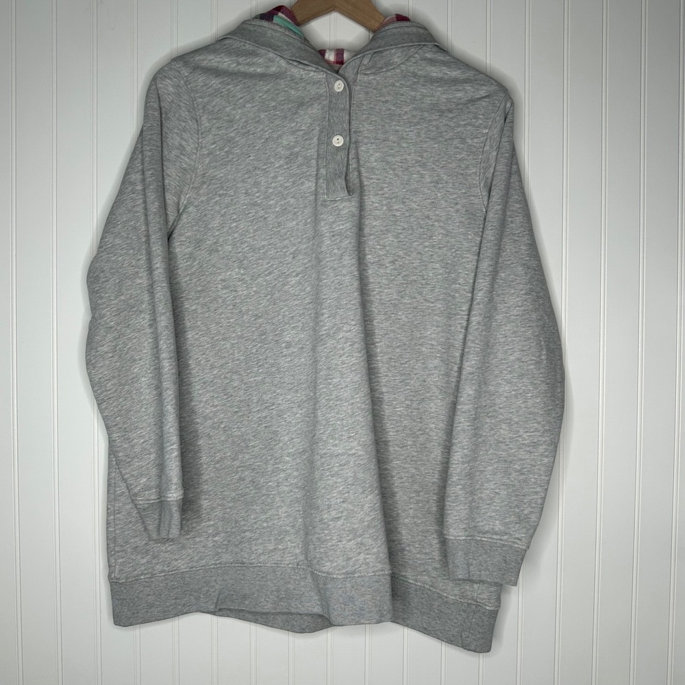 Lands End Serious Sweats Womens Hoodie L Gray Henley Plaid Lined French Terry